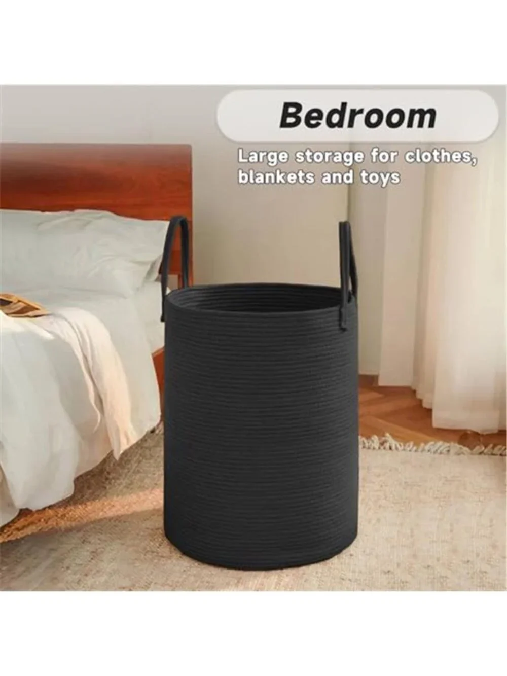 New 60L Cotton Rope Laundry Basket Hamper, Black